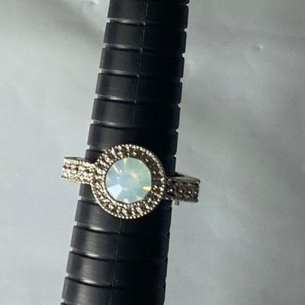 Sparkling‎ Opal Halo Ring Silver tone Round Cut Gemstone Statement Ring 8.75